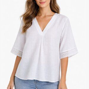 LAURA Gauze Linen Blend Top Crochet Trim Short Sleeves Relaxed White Women's 10